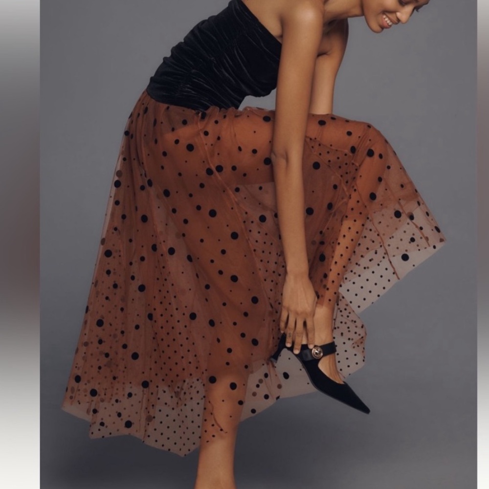 Maeve Brown Tulle Maxi Skirt XXS NWT Black Polka Dot Anthropologie